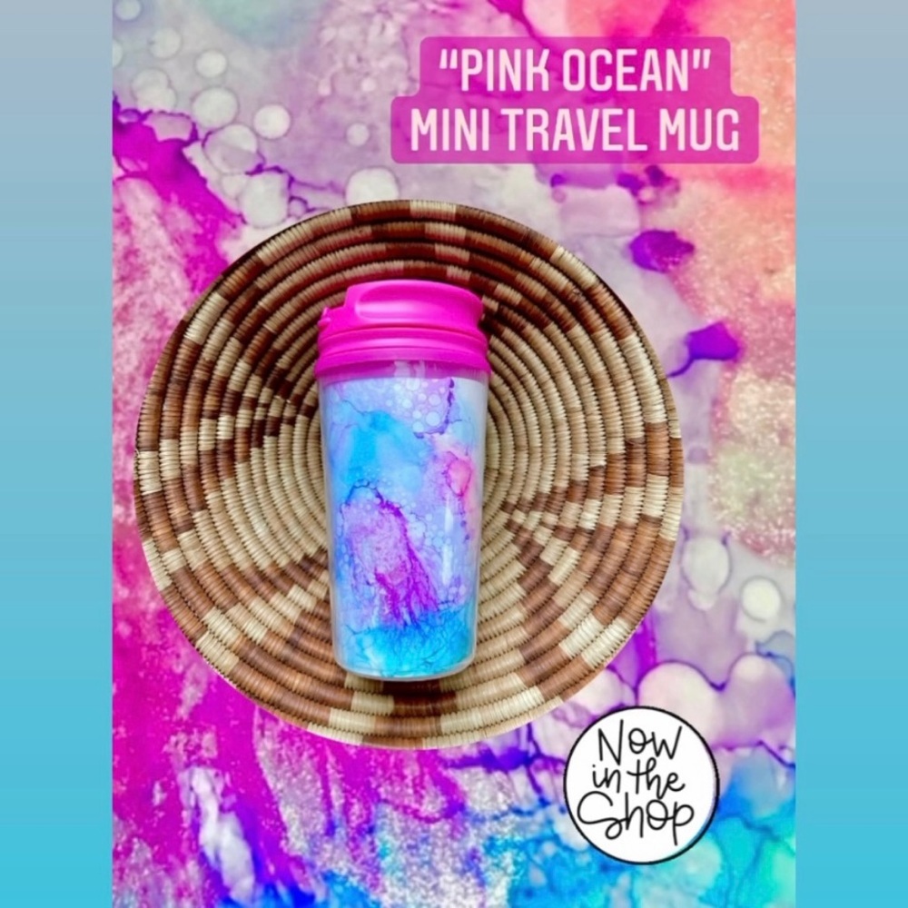 3/$30 PINK OCEAN alcohol ink painted mini travel mug blue NWT